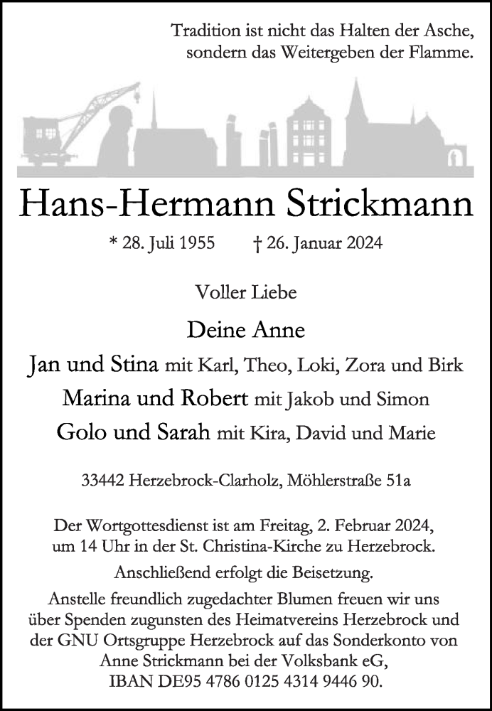  Traueranzeige für Hans-Hermann Strickmann vom 31.01.2024 aus Die Glocke