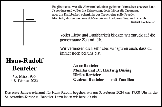 Traueranzeige von Hans-Rudolf Benteler von Die Glocke