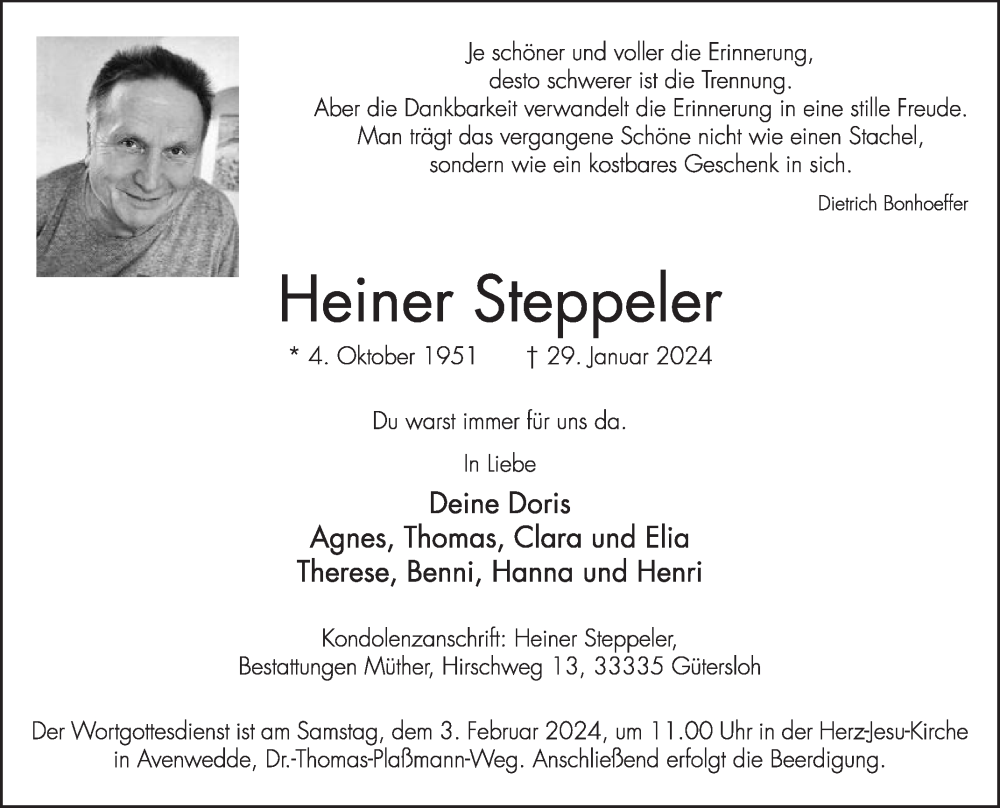  Traueranzeige für Heiner Steppeler vom 31.01.2024 aus Die Glocke