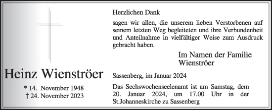 Traueranzeige von Heinz Wienströer von Die Glocke