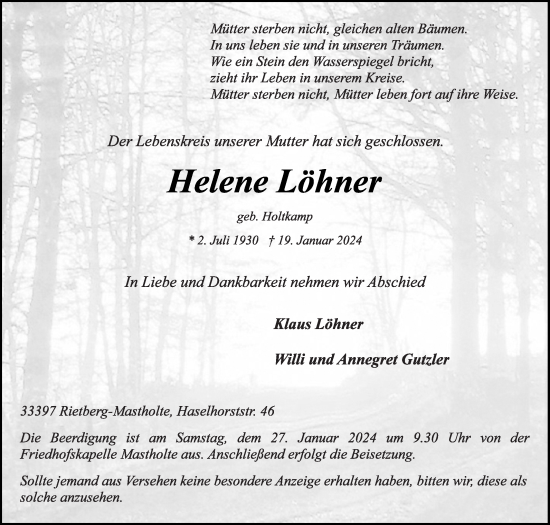 Traueranzeige von Helene Löhner von Die Glocke