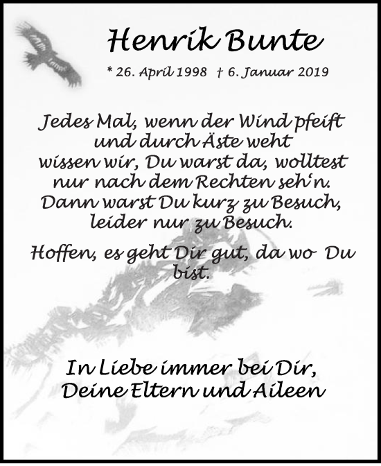 Traueranzeige von Henrik Bunte von Die Glocke