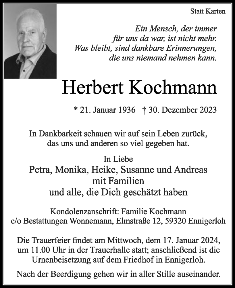  Traueranzeige für Herbert Kochmann vom 06.01.2024 aus Die Glocke