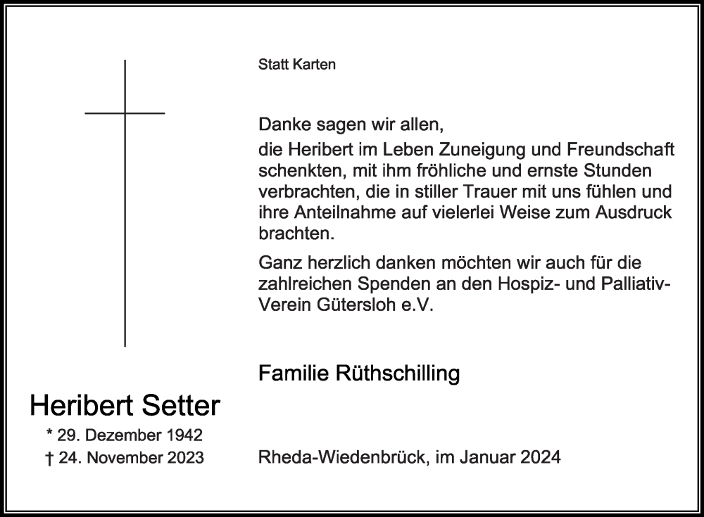  Traueranzeige für Heribert Setter vom 06.01.2024 aus Die Glocke