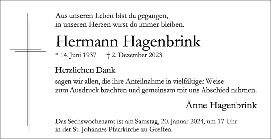 Traueranzeige von Hermann Hagenbrink von Die Glocke