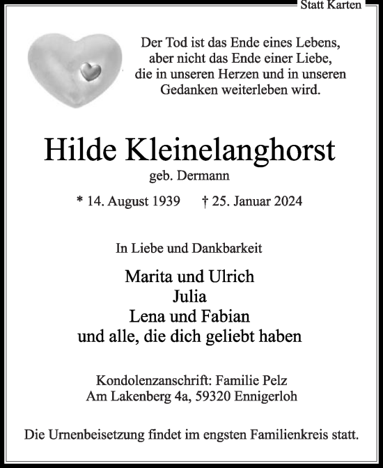 Traueranzeige von Hilde Kleinelanghorst von Die Glocke