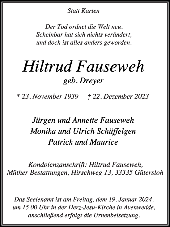 Traueranzeige von Hiltrud Fauseweh von Die Glocke