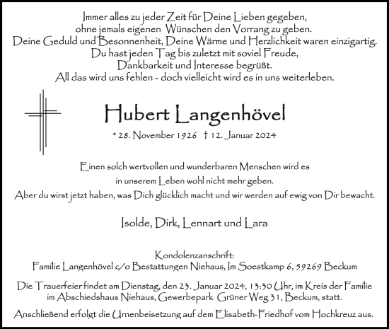 Traueranzeige von Hubert Langenhövel von Die Glocke