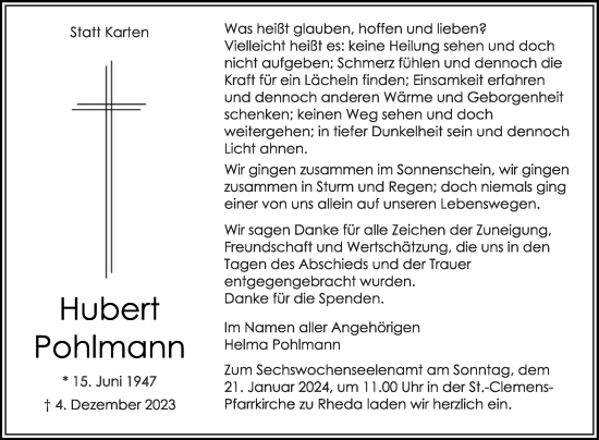 Traueranzeige von Hubert Pohlmann von Die Glocke