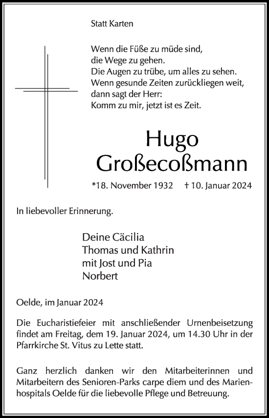 Traueranzeige von Hugo Großecoßmann von Die Glocke