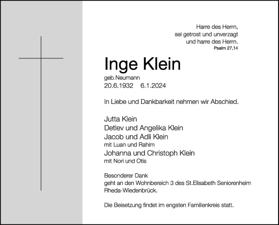 Traueranzeige von Inge Klein von Die Glocke