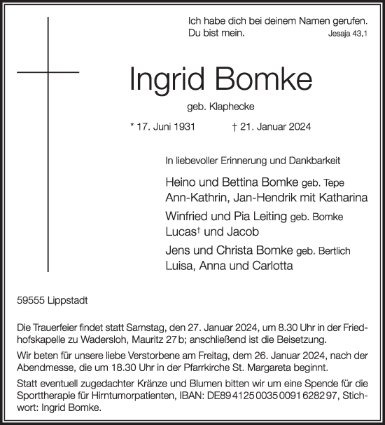 Traueranzeige von Ingrid Bomke von Die Glocke