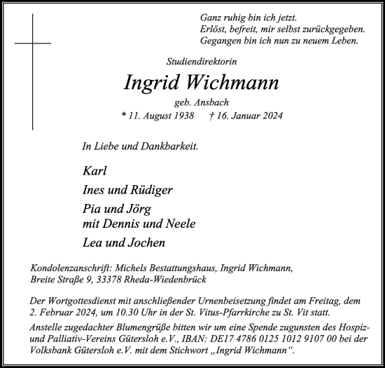 Traueranzeige von Ingrid Wichmann von Die Glocke