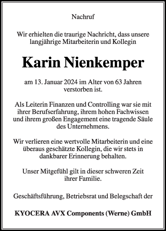 Traueranzeige von Karin Nienkemper von Die Glocke