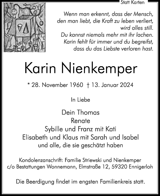 Traueranzeige von Karin Nienkemper von Die Glocke