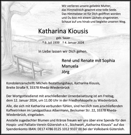 Traueranzeige von Katharina Kiousis von Die Glocke