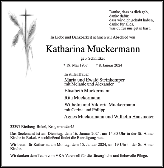 Traueranzeige von Katharina Muckermann von Die Glocke