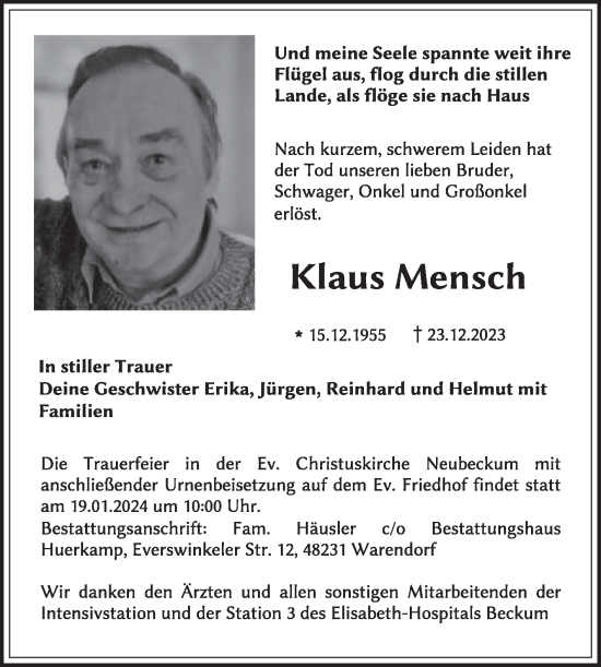 Traueranzeige von Klaus Mensch von Die Glocke