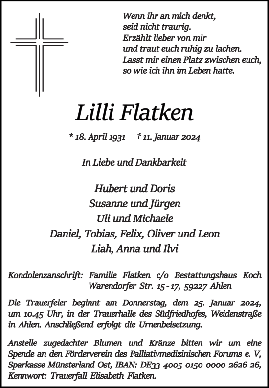 Traueranzeige von Lilli Flatken von Die Glocke