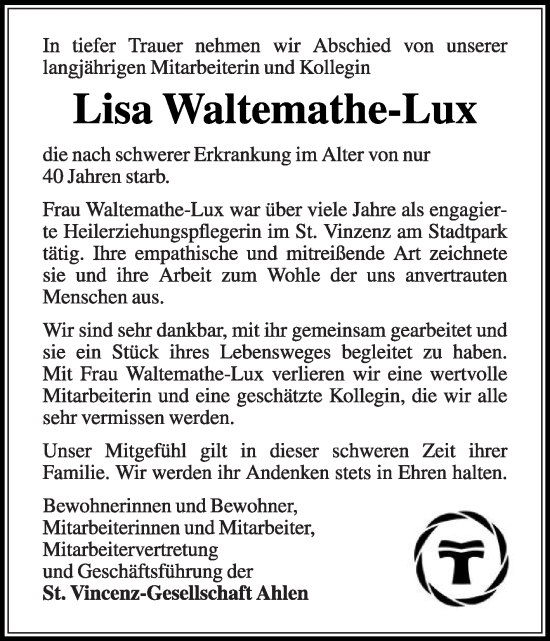 Traueranzeige von Lisa Waltemathe-Lux von Die Glocke