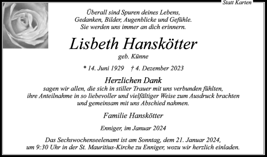 Traueranzeige von Lisbeth Hanskötter von Die Glocke