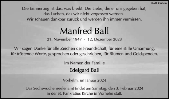 Traueranzeige von Manfred Ball von Die Glocke