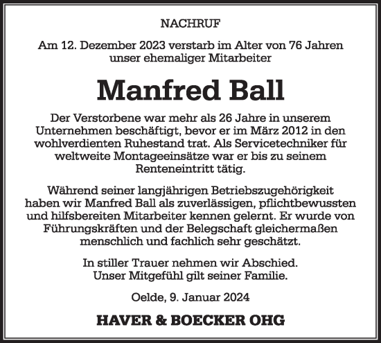 Traueranzeige von Manfred Ball von Die Glocke