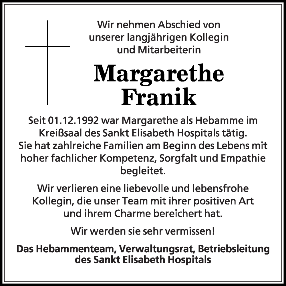  Traueranzeige für Margarethe Franik vom 20.01.2024 aus Die Glocke