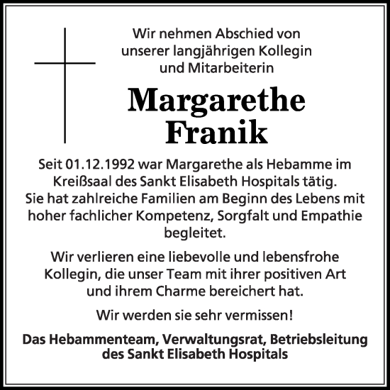 Traueranzeige von Margarethe Franik von Die Glocke