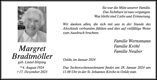 Traueranzeige von Margret Bradtmöller von Die Glocke