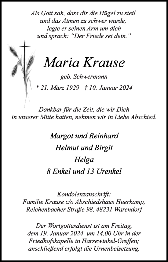 Traueranzeige von Maria Krause von Die Glocke