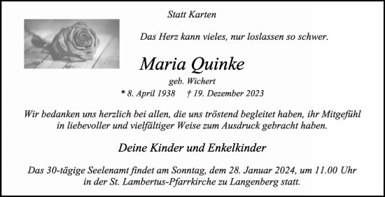 Traueranzeige von Maria Quinke von Die Glocke