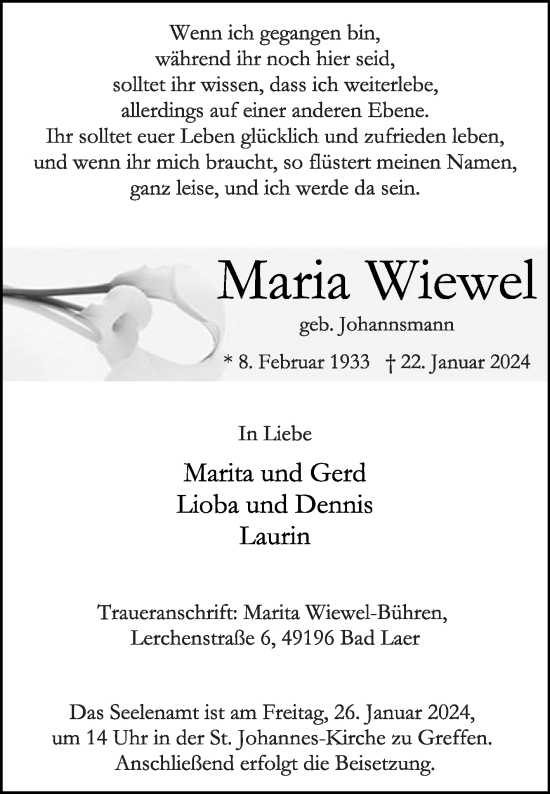 Traueranzeige von Maria Wiewel von Die Glocke