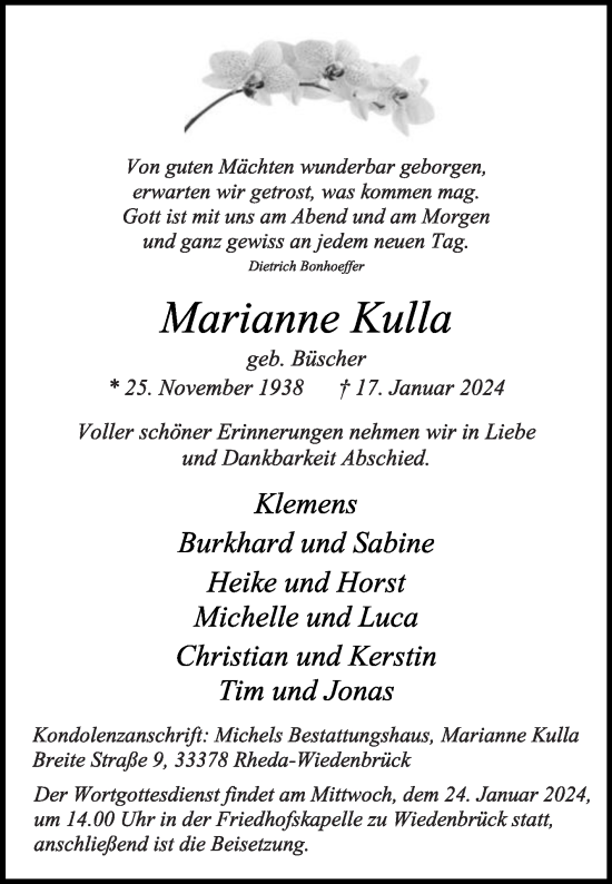 Traueranzeige von Marianne Kulla von Die Glocke