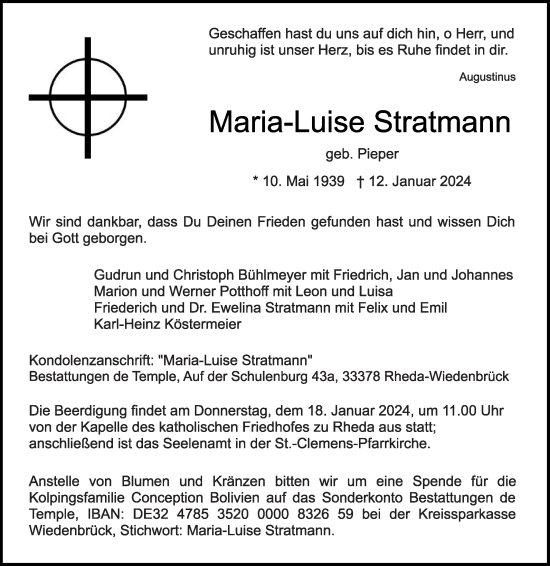 Traueranzeige von Marie-Luise Stratmann von Die Glocke