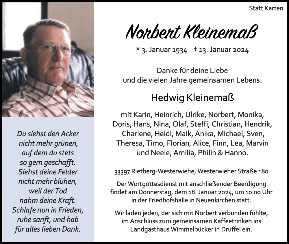  Traueranzeige für Norbert Kleinemaß vom 16.01.2024 aus Die Glocke