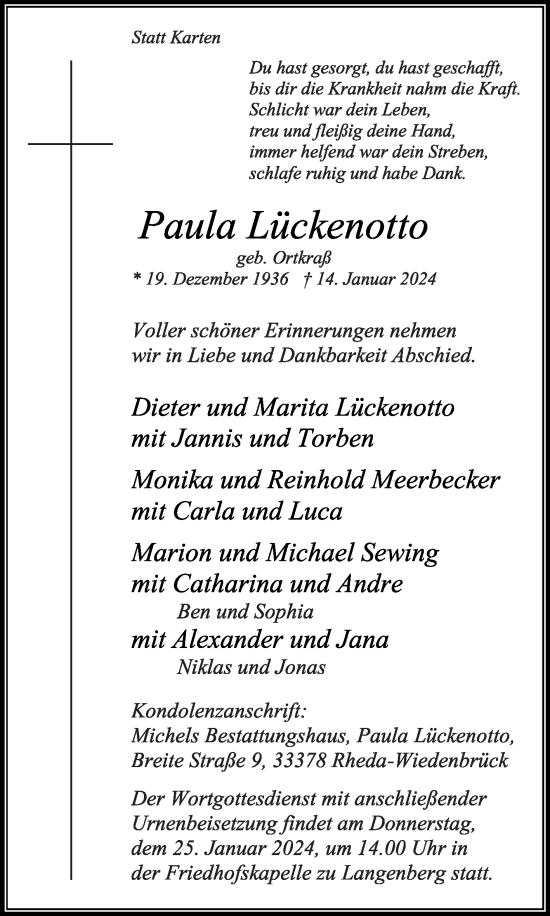 Traueranzeige von Paula Lückenotto von Die Glocke