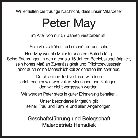 Traueranzeige von Peter May von Die Glocke