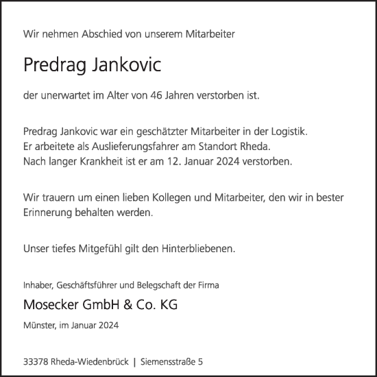 Traueranzeige von Predrag Jankovic von Die Glocke