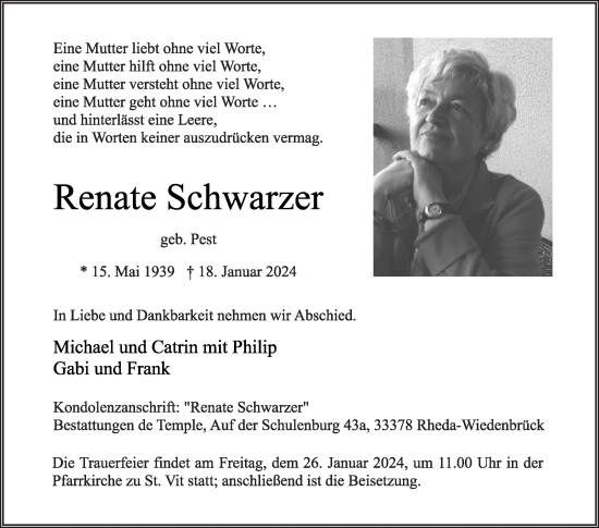 Traueranzeige von Renate Schwarzer von Die Glocke