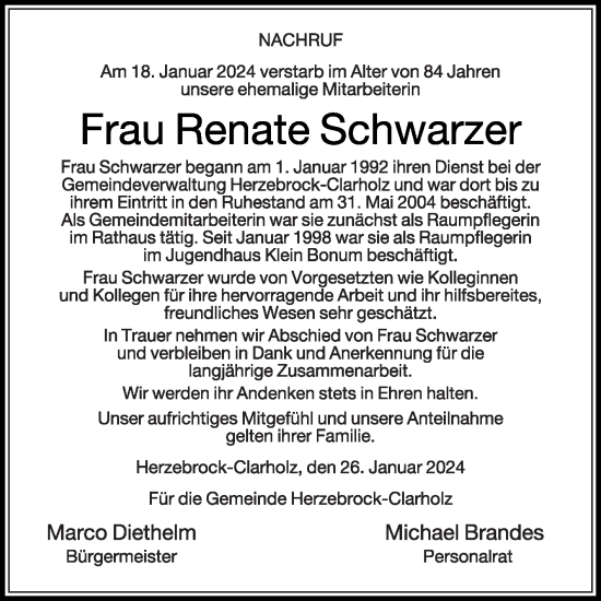 Traueranzeige von Renate Schwarzer von Die Glocke