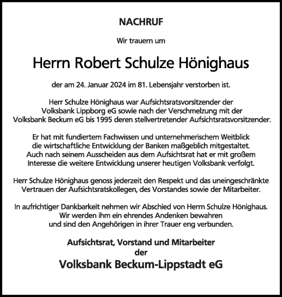 Traueranzeige von Robert Schulze Hönighaus von Die Glocke