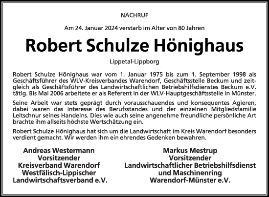 Traueranzeige von Robert Schulze Hönighaus von Die Glocke