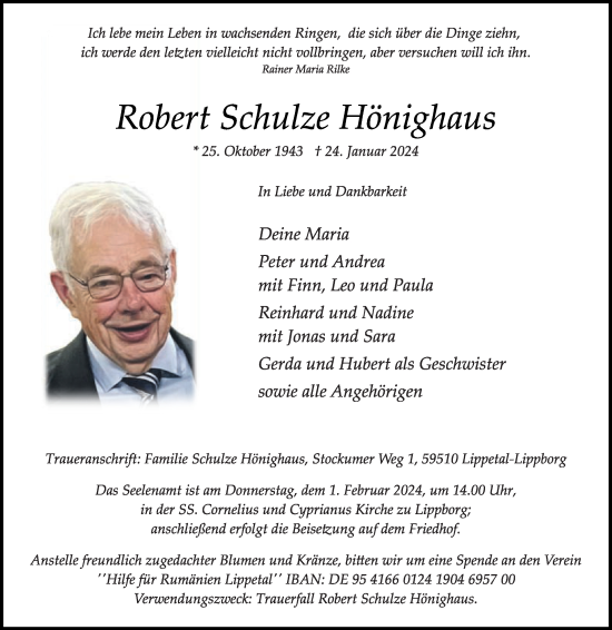 Traueranzeige von Robert Schulze Hönighaus von Die Glocke