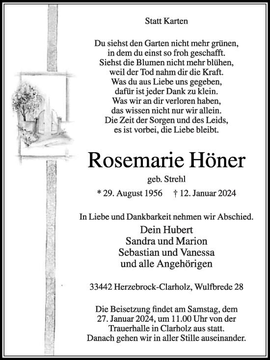 Traueranzeige von Rosemarie Höner von Die Glocke