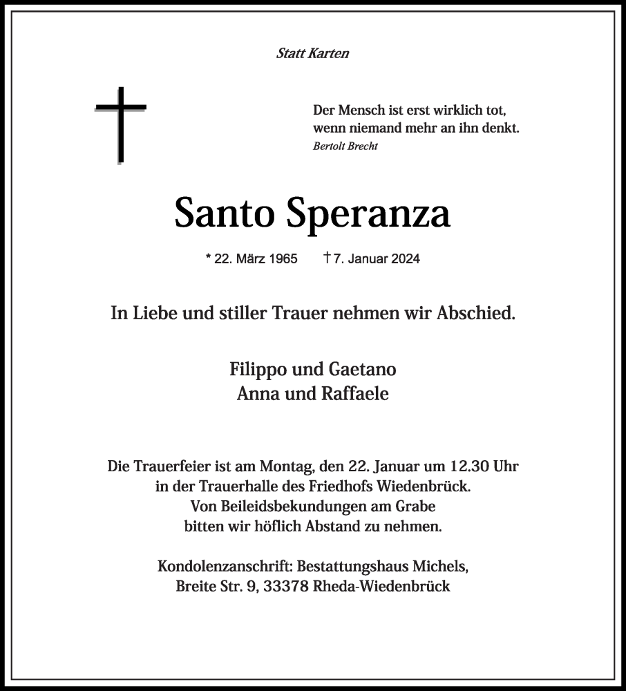  Traueranzeige für Santo Speranza vom 17.01.2024 aus Die Glocke