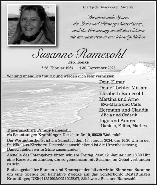 Traueranzeige von Susanne Ramesohl von Die Glocke