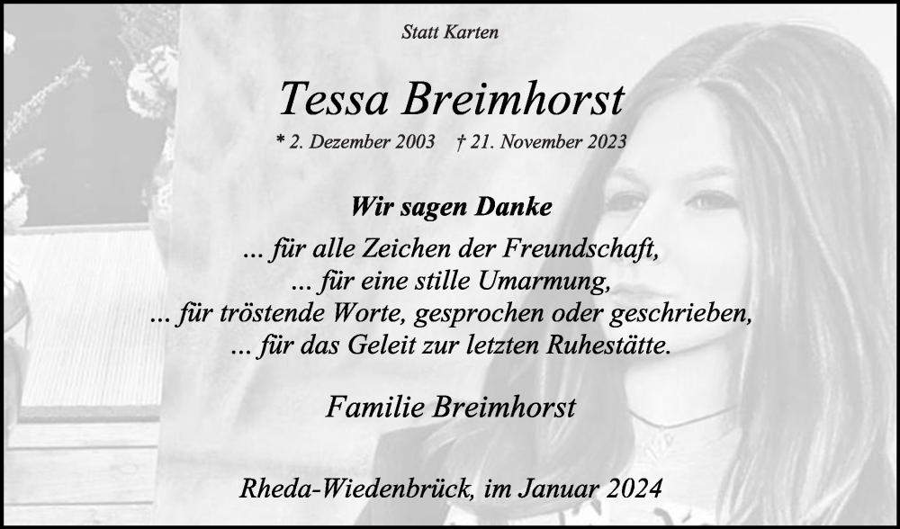  Traueranzeige für Tessa Breimhorst vom 13.01.2024 aus Die Glocke