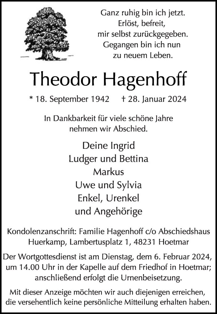  Traueranzeige für Theodor Hagenhoff vom 31.01.2024 aus Die Glocke