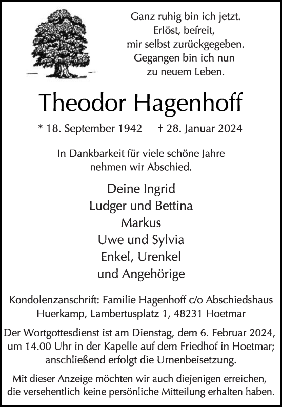 Traueranzeige von Theodor Hagenhoff von Die Glocke
